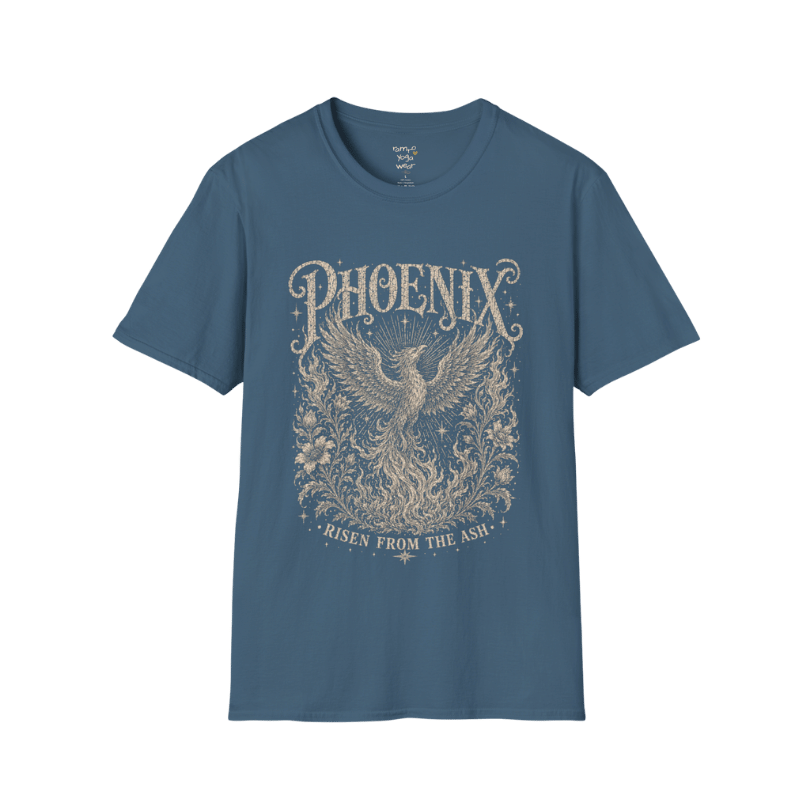 Ramro Yoga Wear Phoenix tee in Indigo Blue — phoenix rising botanical vintage engraving, flat lay product shot