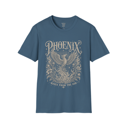 Ramro Yoga Wear Phoenix tee in Indigo Blue — phoenix rising botanical vintage engraving, flat lay product shot