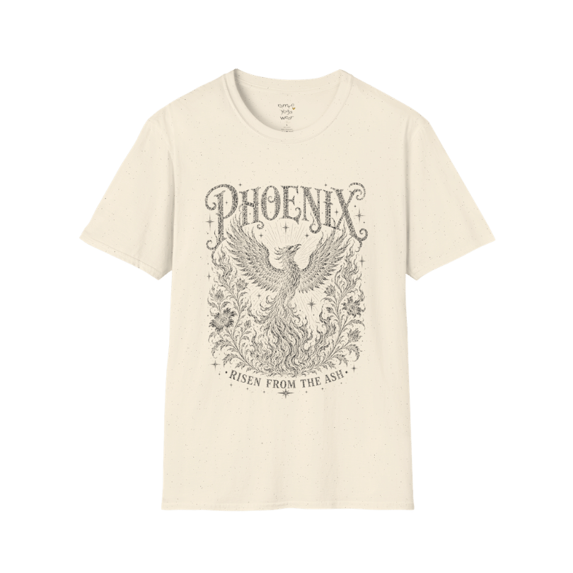 Ramro Yoga Wear Phoenix tee in Natural — phoenix rising botanical vintage engraving, flat lay product shot