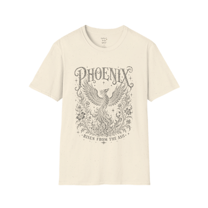 Ramro Yoga Wear Phoenix tee in Natural — phoenix rising botanical vintage engraving, flat lay product shot