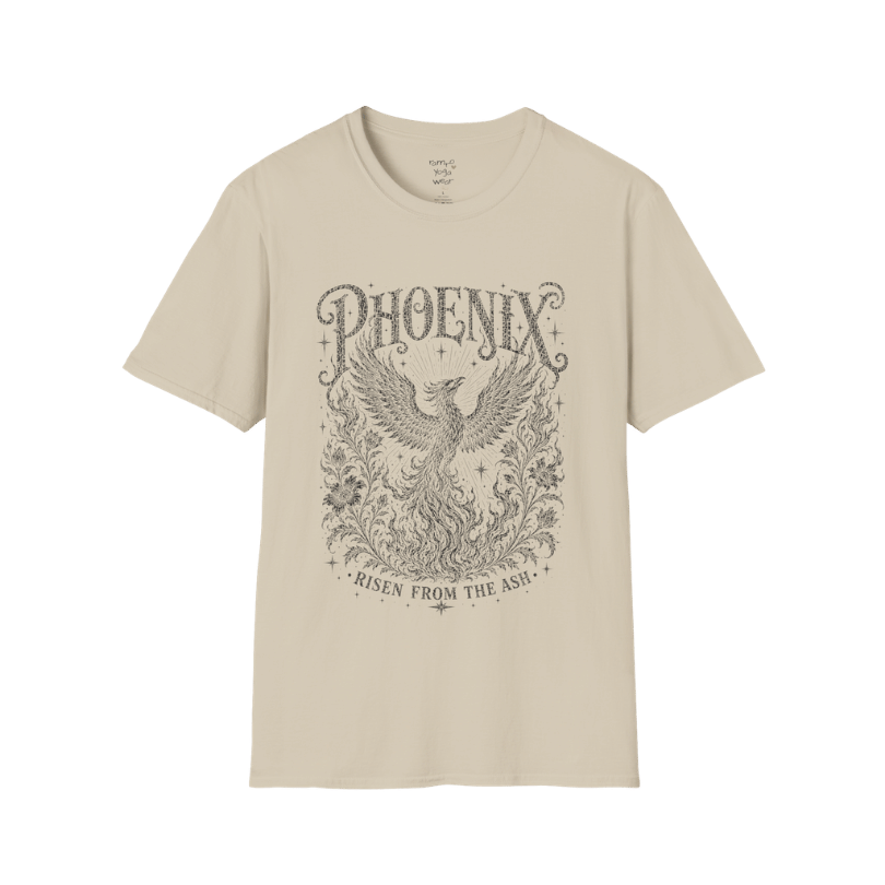 Ramro Yoga Wear Phoenix tee in Sand — phoenix rising botanical vintage engraving, flat lay product shot