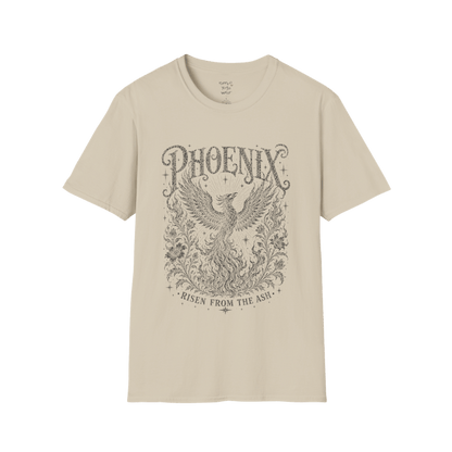 Ramro Yoga Wear Phoenix tee in Sand — phoenix rising botanical vintage engraving, flat lay product shot