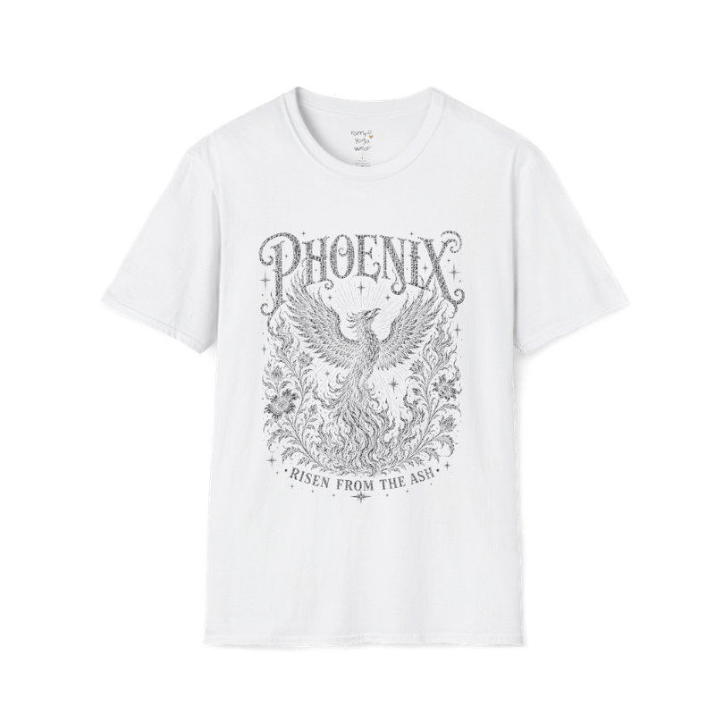 Ramro Yoga Wear Phoenix tee in White — phoenix rising botanical vintage engraving, flat lay product shot