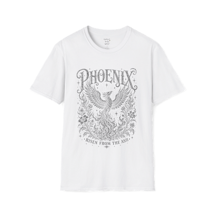 Ramro Yoga Wear Phoenix tee in White — phoenix rising botanical vintage engraving, flat lay product shot