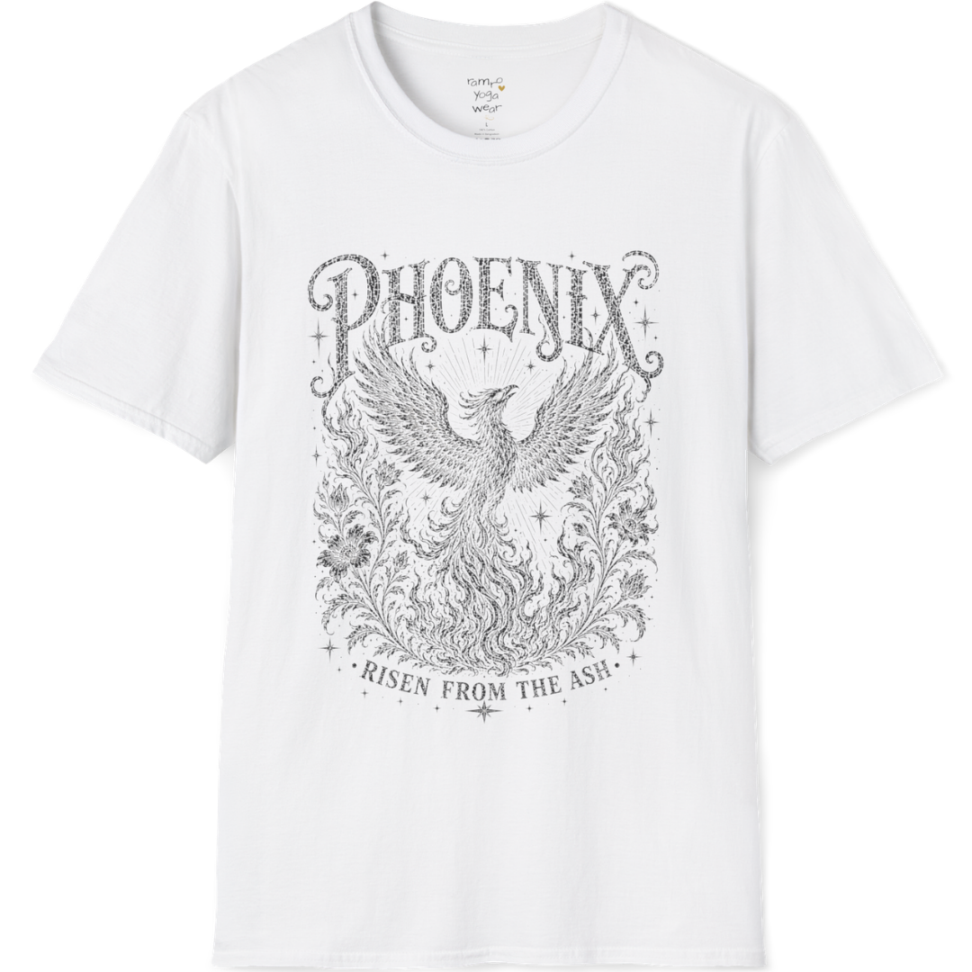 Ramro Yoga Wear Phoenix tee in White — phoenix rising botanical vintage engraving, flat lay product shot