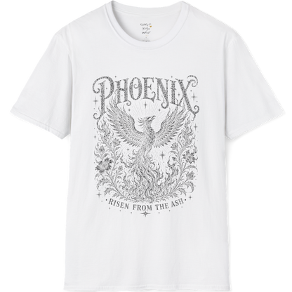 Ramro Yoga Wear Phoenix tee in White — phoenix rising botanical vintage engraving, flat lay product shot