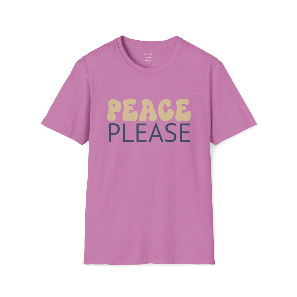 Wavy retro "Peace Please" typography design on Heather Radiant Orchid tee — The Vault collection by Ramro Yoga Wear