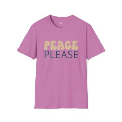 Wavy retro "Peace Please" typography design on Heather Radiant Orchid tee — The Vault collection by Ramro Yoga Wear