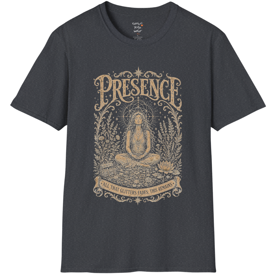 Seated woman in meditation with sacred geometry and botanical frame engraving design in dark heather grey  — Sacred Thread collection by Ramro Yoga Wear