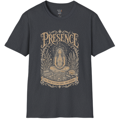 Seated woman in meditation with sacred geometry and botanical frame engraving design in dark heather grey  — Sacred Thread collection by Ramro Yoga Wear