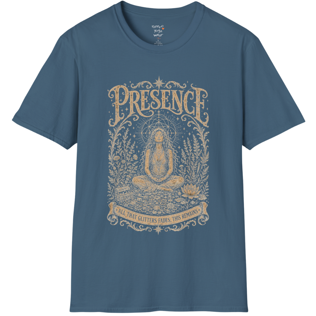 Seated woman in meditation with sacred geometry and botanical frame engraving design in Indigo Blue — Sacred Thread collection by Ramro Yoga Wear