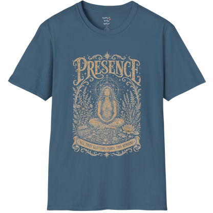 Seated woman in meditation with sacred geometry and botanical frame engraving design in Indigo Blue — Sacred Thread collection by Ramro Yoga Wear