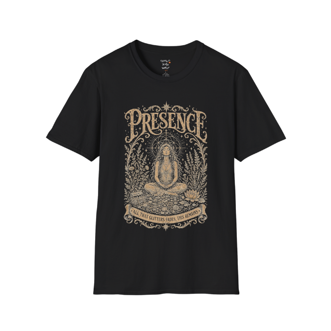 Seated woman in meditation with sacred geometry and botanical frame engraving design color black — Meditation Shirts collection by Ramro Yoga Wear