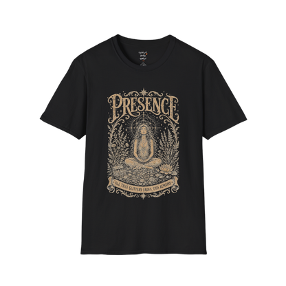 Seated woman in meditation with sacred geometry and botanical frame engraving design color black — Meditation Shirts collection by Ramro Yoga Wear