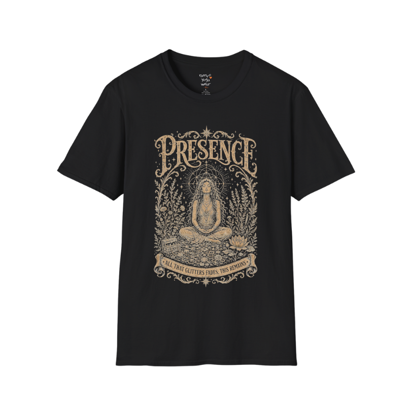 Seated woman in meditation with sacred geometry and botanical frame engraving design color black — Meditation Shirts collection by Ramro Yoga Wear