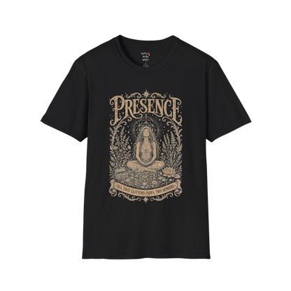 Seated woman in meditation with sacred geometry and botanical frame engraving design color black — Meditation Shirts collection by Ramro Yoga Wear