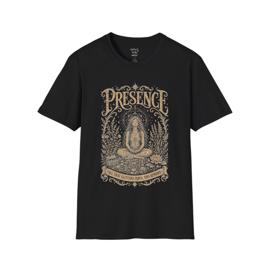 Seated woman in meditation with sacred geometry and botanical frame engraving design color black — Meditation Shirts collection by Ramro Yoga Wear