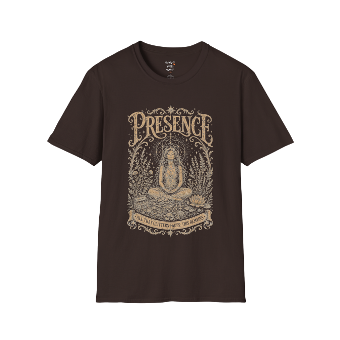 Seated woman in meditation with sacred geometry and botanical frame engraving design — Meditation Shirts collection by Ramro Yoga Wear. Dark Chocolate