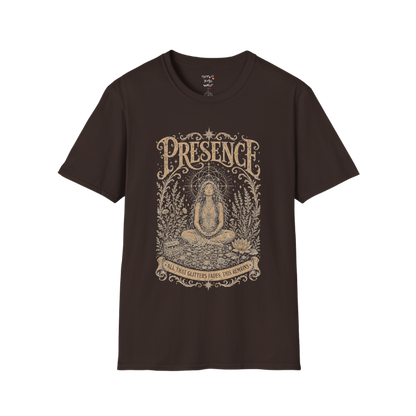 Seated woman in meditation with sacred geometry and botanical frame engraving design — Meditation Shirts collection by Ramro Yoga Wear. Dark Chocolate