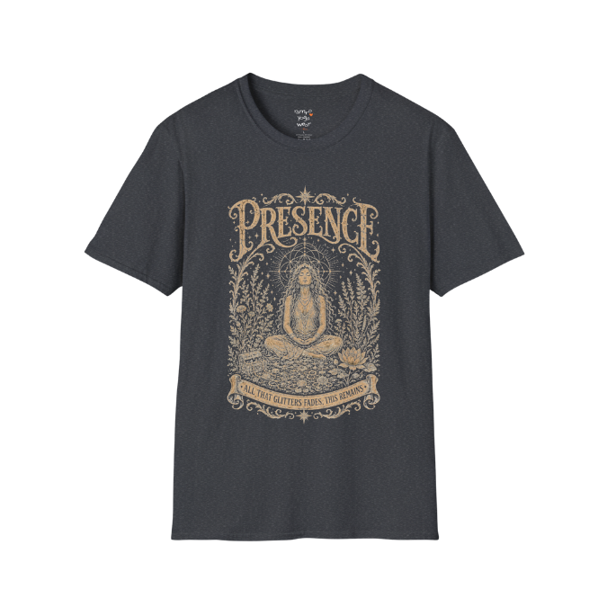 Seated woman in meditation with sacred geometry and botanical frame engraving design in dark heather grey  — Meditation Shirts collection by Ramro Yoga Wear