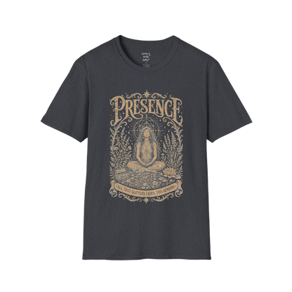 Seated woman in meditation with sacred geometry and botanical frame engraving design in dark heather grey  — Meditation Shirts collection by Ramro Yoga Wear