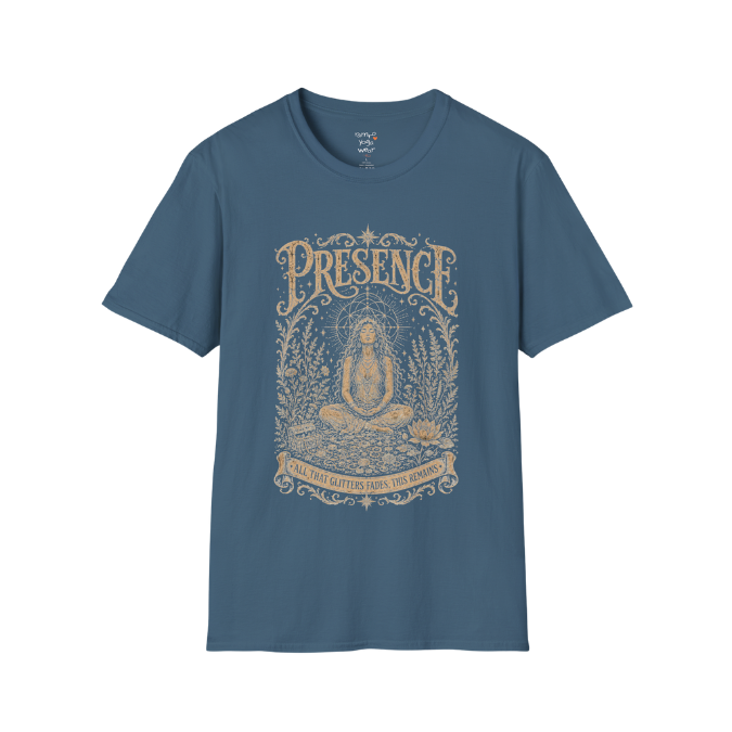 Seated woman in meditation with sacred geometry and botanical frame engraving design in Indigo Blue — Meditation Shirts collection by Ramro Yoga Wear