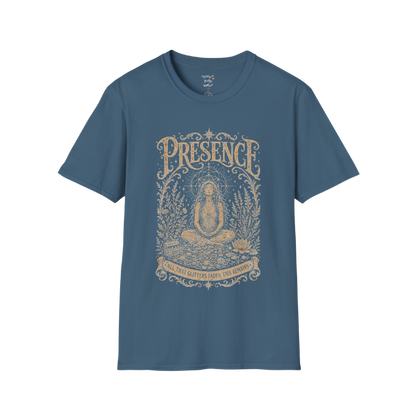 Seated woman in meditation with sacred geometry and botanical frame engraving design in Indigo Blue — Meditation Shirts collection by Ramro Yoga Wear