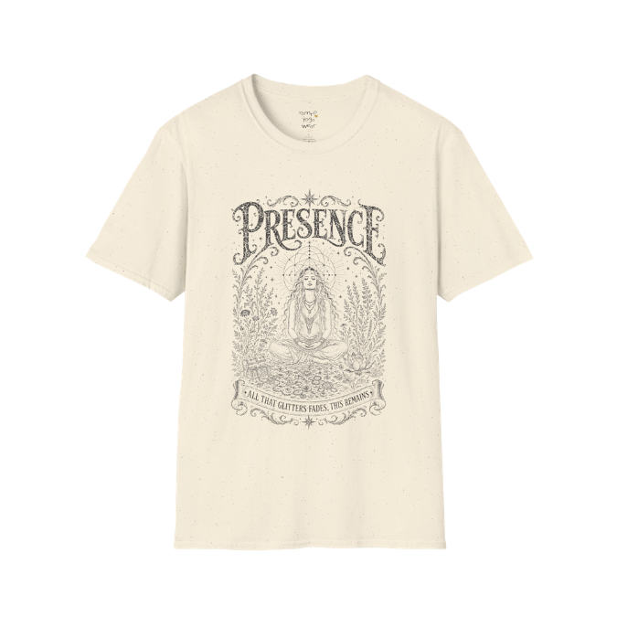 Seated woman in meditation with sacred geometry and botanical frame engraving design in natural color  — Meditation Shirts collection by Ramro Yoga Wear