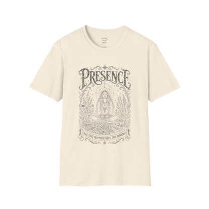 Seated woman in meditation with sacred geometry and botanical frame engraving design in natural color  — Meditation Shirts collection by Ramro Yoga Wear
