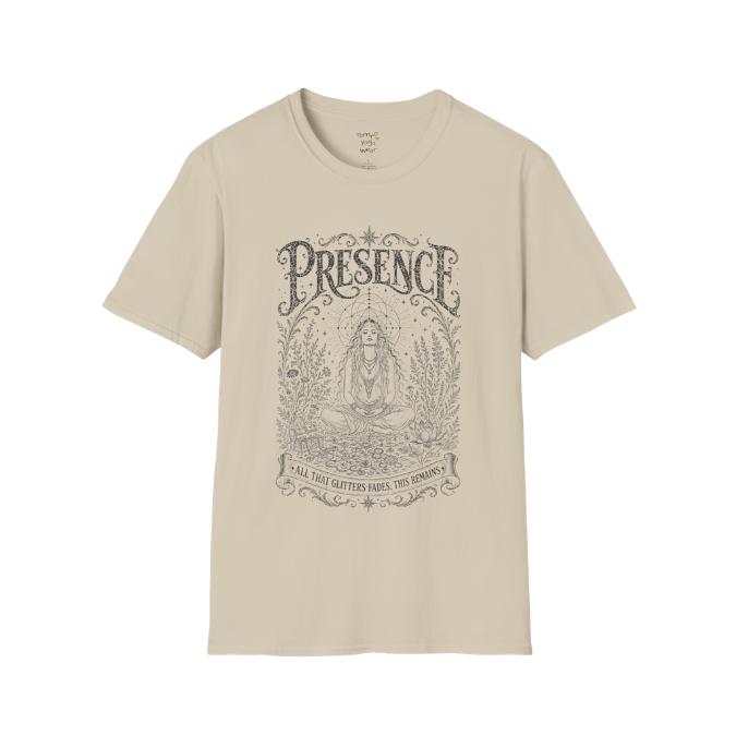 Seated woman in meditation with sacred geometry and botanical frame engraving design In Sand color  — Meditation Shirts collection by Ramro Yoga Wear