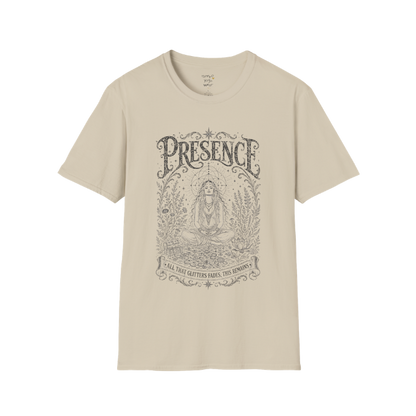 Seated woman in meditation with sacred geometry and botanical frame engraving design In Sand color  — Meditation Shirts collection by Ramro Yoga Wear