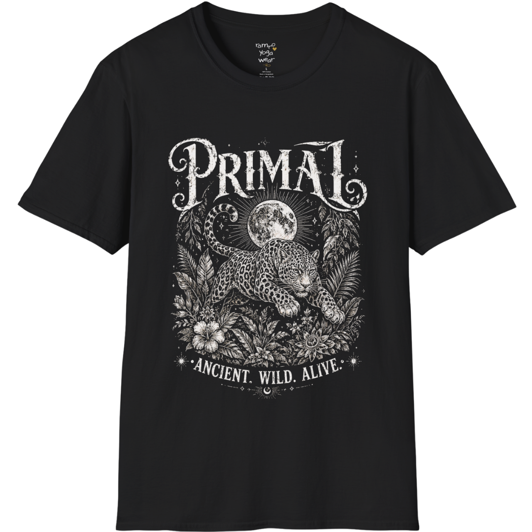 Black Primal T-Shirt featuring cream etched sacred artwork with dramatic vintage concert tee styling and mystical symbolism