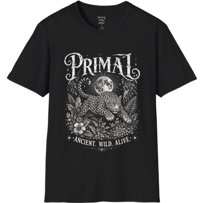 Black Primal T-Shirt featuring cream etched sacred artwork with dramatic vintage concert tee styling and mystical symbolism