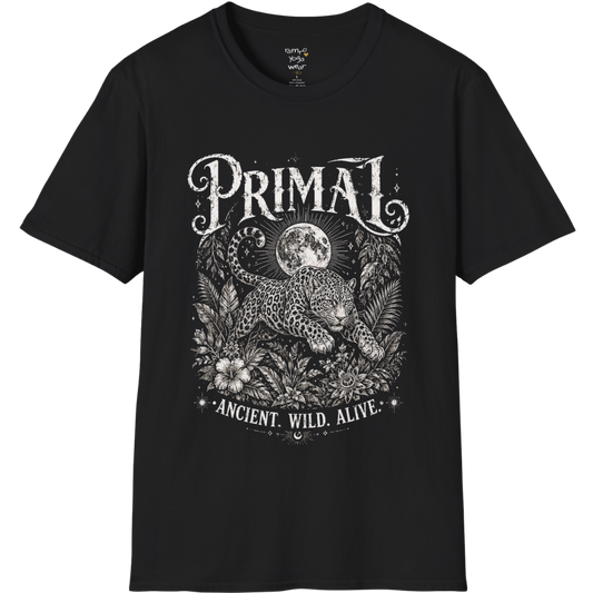Black Primal T-Shirt featuring cream etched sacred artwork with dramatic vintage concert tee styling and mystical symbolism