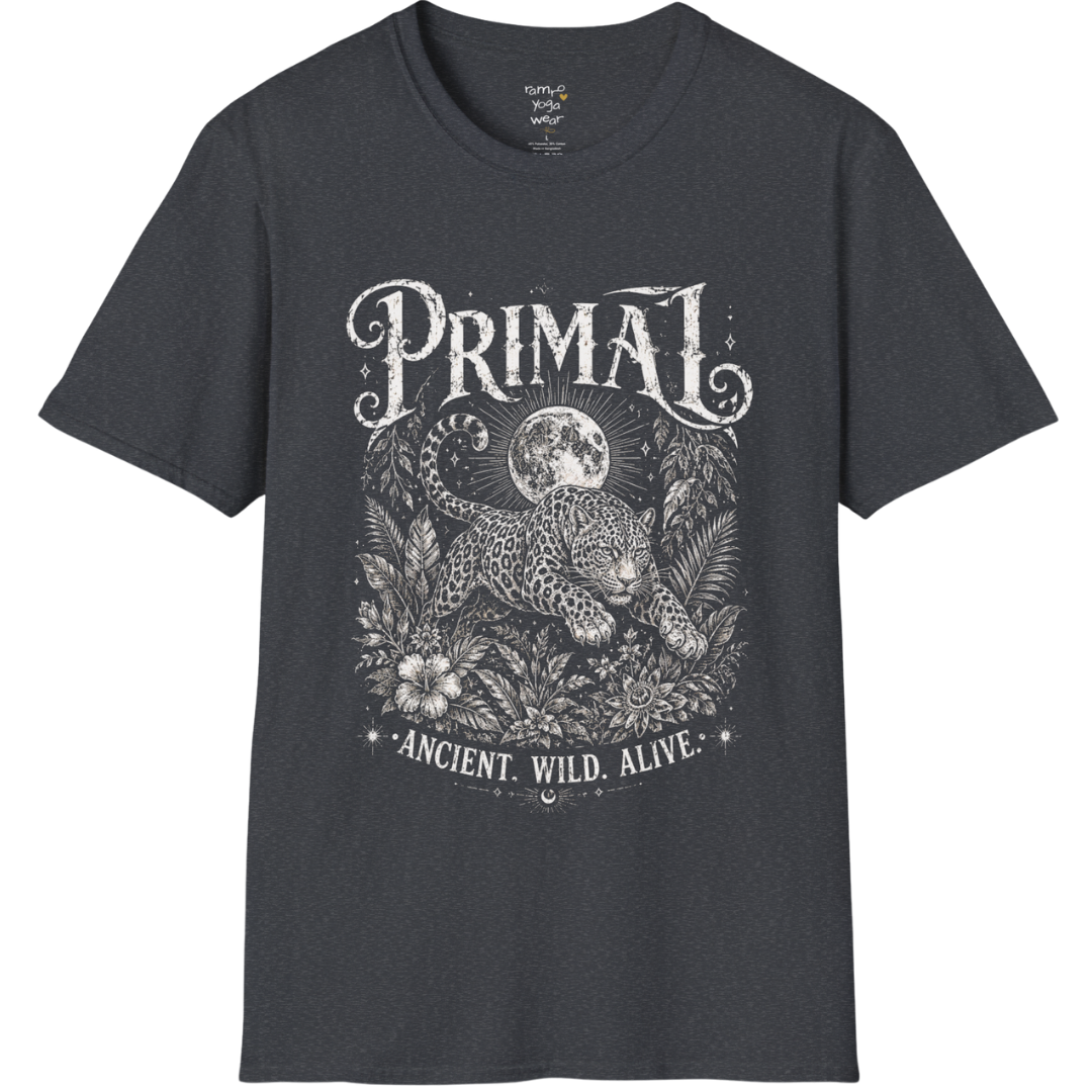 Dark Heather Grey Primal T-Shirt featuring aged cream mystical etching with soulful vintage streetwear aesthetic