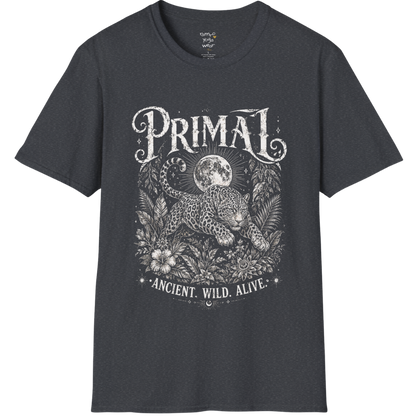Dark Heather Grey Primal T-Shirt featuring aged cream mystical etching with soulful vintage streetwear aesthetic