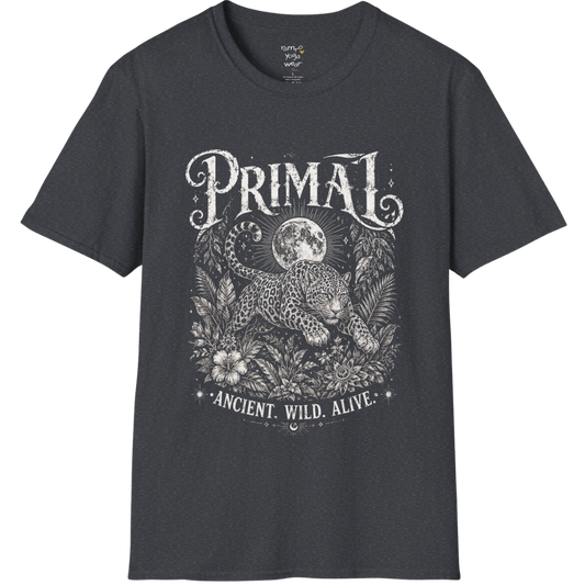 Dark Heather Grey Primal T-Shirt featuring aged cream mystical etching with soulful vintage streetwear aesthetic