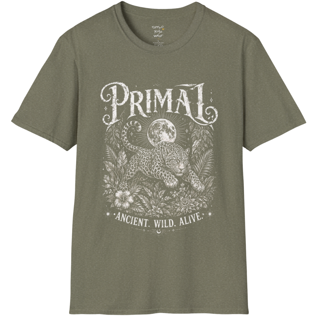 Heather Military Green Primal T-Shirt featuring cream etched sacred artwork with dramatic vintage concert tee styling and mystical symbolism