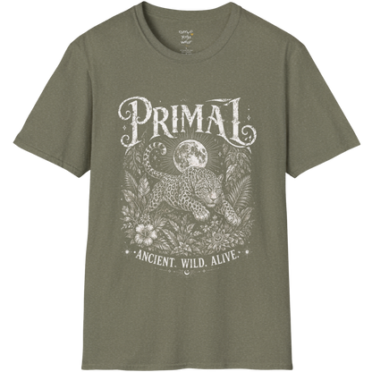 Heather Military Green Primal T-Shirt featuring cream etched sacred artwork with dramatic vintage concert tee styling and mystical symbolism