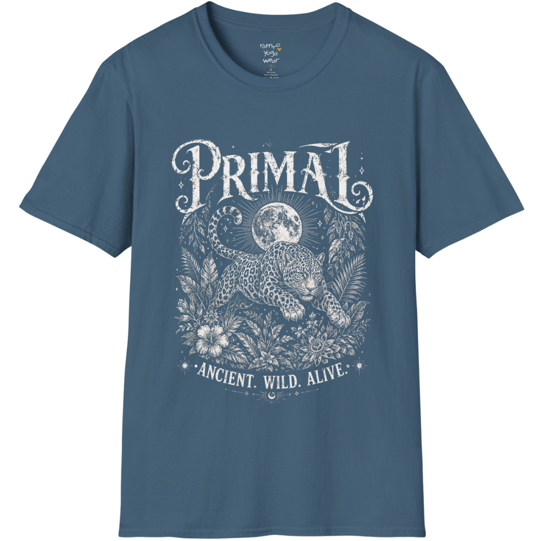 Indigo Blue Primal T-Shirt with cream vintage spiritual illustration and distressed primal-inspired graphic artwork
