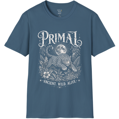 Indigo Blue Primal T-Shirt with cream vintage spiritual illustration and distressed primal-inspired graphic artwork