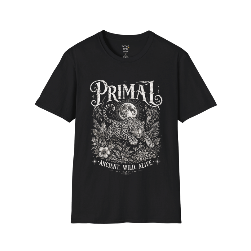 Black Primal T-Shirt featuring cream etched sacred artwork with dramatic vintage concert tee styling and mystical symbolism.