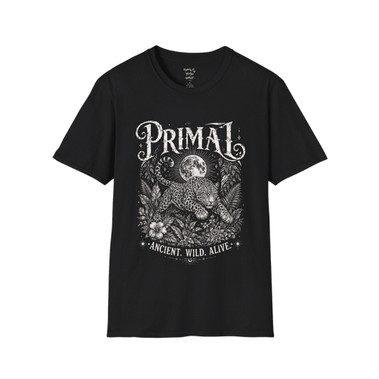Black Primal T-Shirt featuring cream etched sacred artwork with dramatic vintage concert tee styling and mystical symbolism.