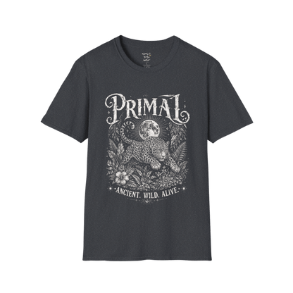 Dark Heather Grey Primal T-Shirt featuring aged cream mystical etching with soulful vintage streetwear aesthetic.