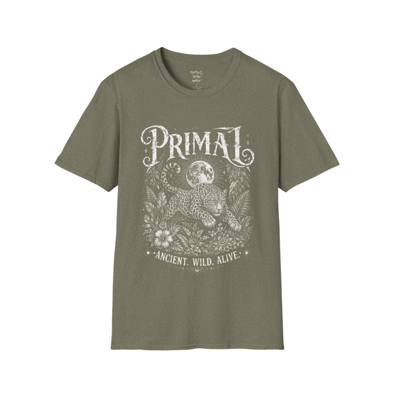 Heather Military Green Primal T-Shirt featuring cream etched sacred artwork with dramatic vintage concert tee styling and mystical symbolism.