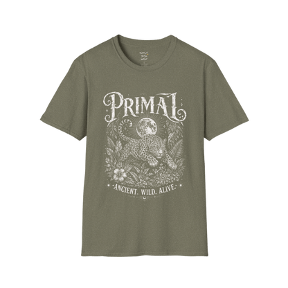 Heather Military Green Primal T-Shirt featuring cream etched sacred artwork with dramatic vintage concert tee styling and mystical symbolism.