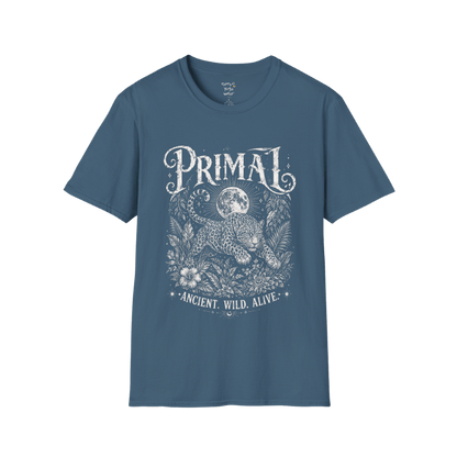Indigo Blue Primal T-Shirt with cream vintage spiritual illustration and distressed primal-inspired graphic artwork.