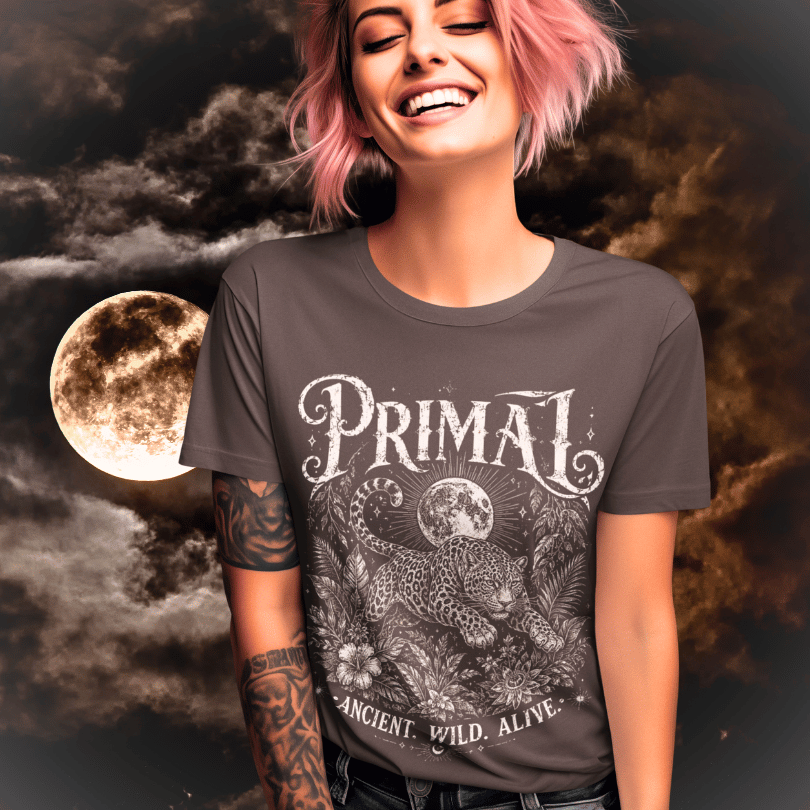 Ramro Yoga Wear Primal tee in Dark Heather Grey — vintage leopard and moon design, blood moon lifestyle shot