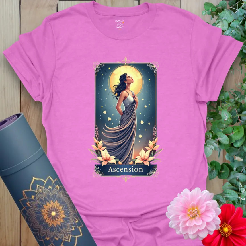 Radiant Orchid Ascension T-Shirt featuring celestial yoga artwork and spiritual energy