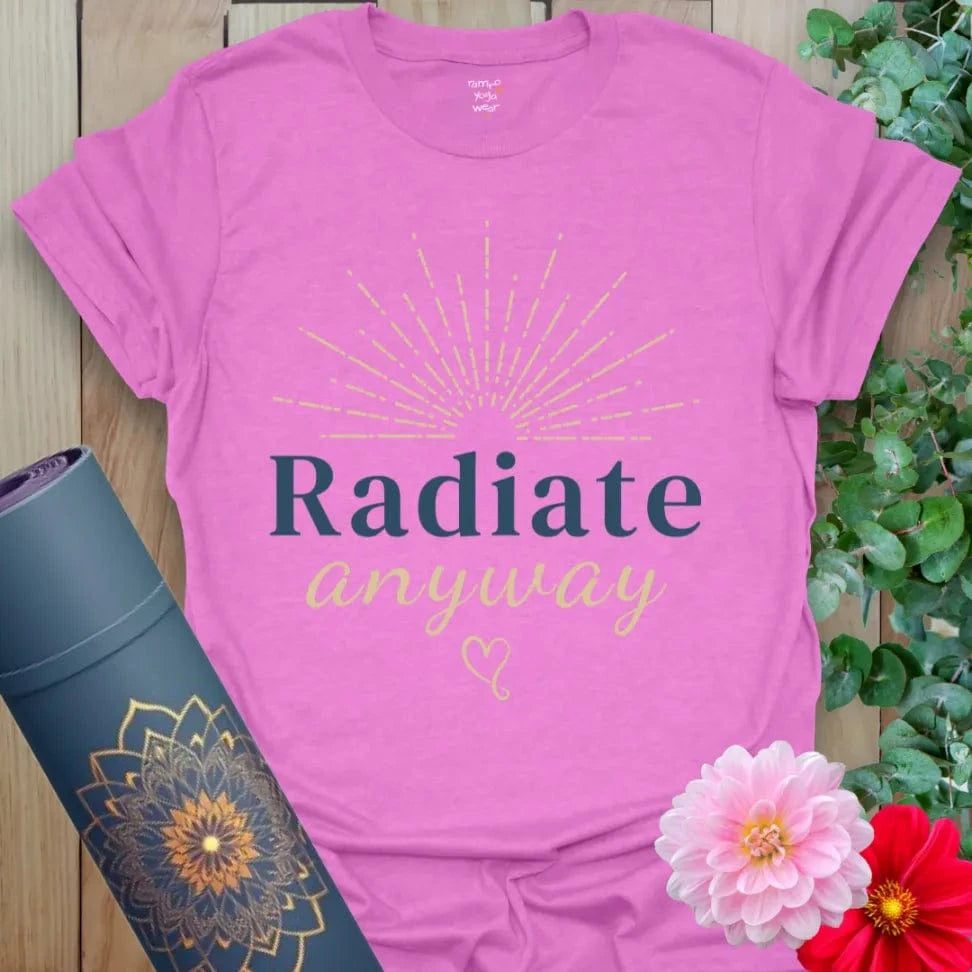 Heather Radiant Orchid Radiate T-Shirt with flowing text and soft power. Lightweight cotton yoga top with flair.